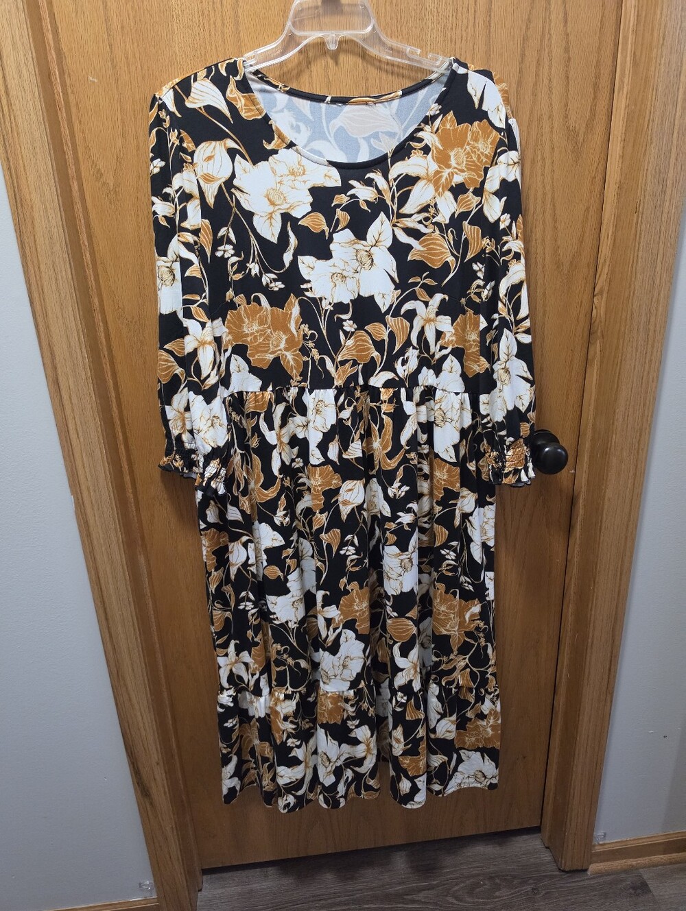 Black Floral Tiered Midi Dress with Mustard and White Print
